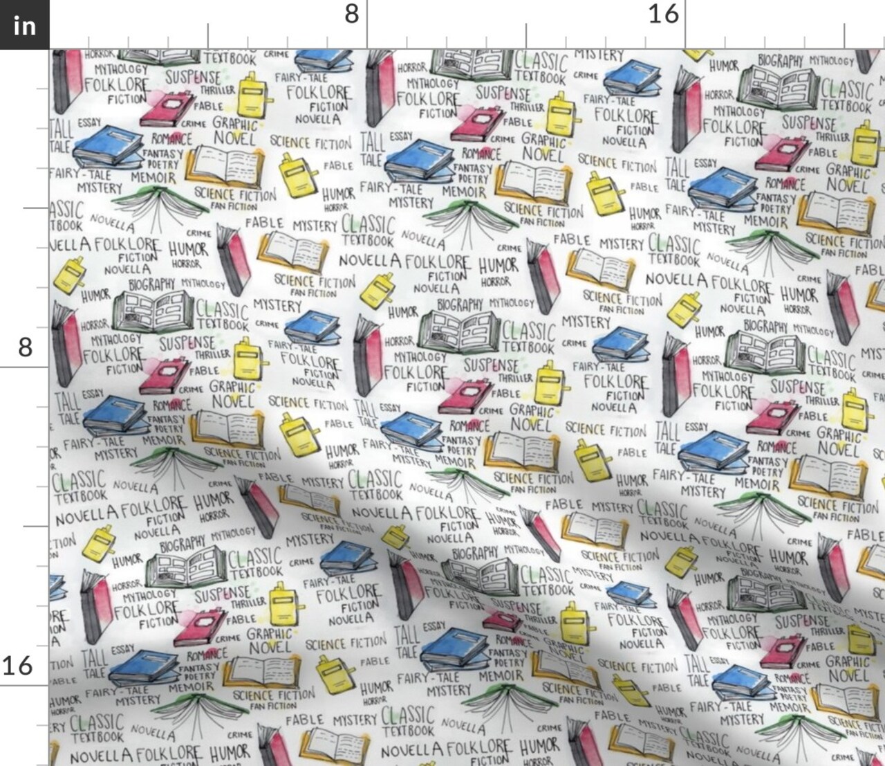 Books Watercolor Pen Ink Illustration Literary Nerd Library Book Custom Printed Fabric by Spoonflower Various Fabrics by the Yard or Fat Quarter